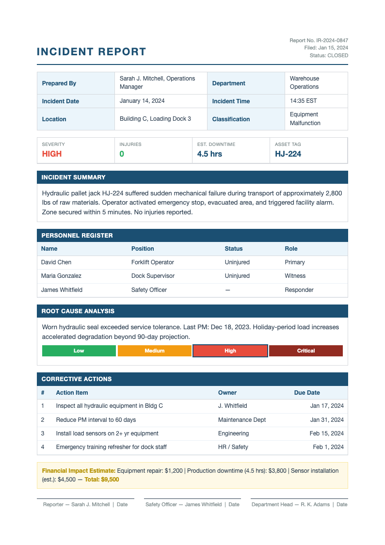 Financial statement incident report